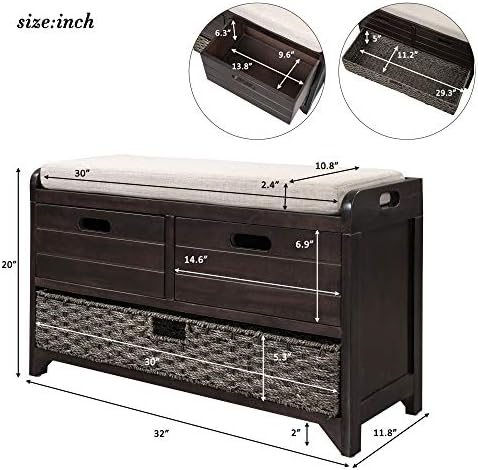 knocbel farmhouse storage bench with 2 drawers, removable, close-up detail