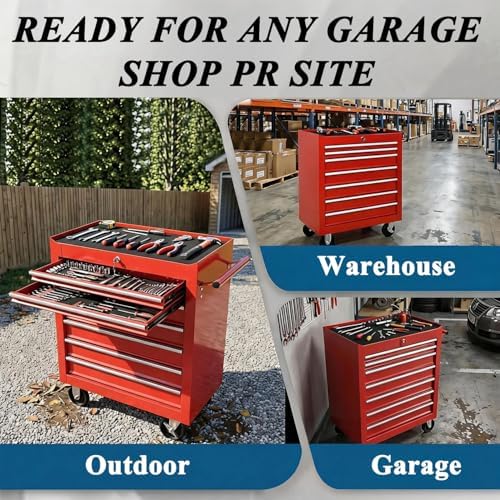 7 drawers rolling tool chest on wheels, multifunctional, front angle view