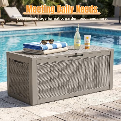 outdoor storage box, 160 gallon waterproof resin deck, front angle view