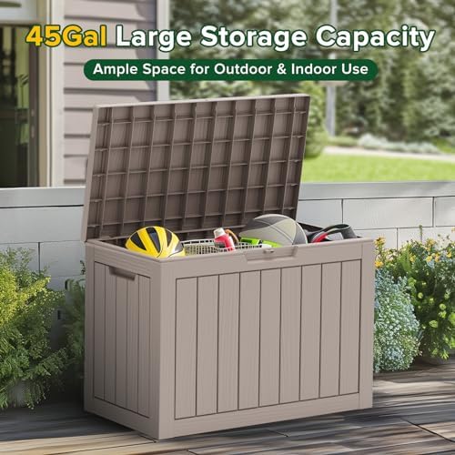 45 gallon small outdoor storage deck box, waterproof on a desk or shelf