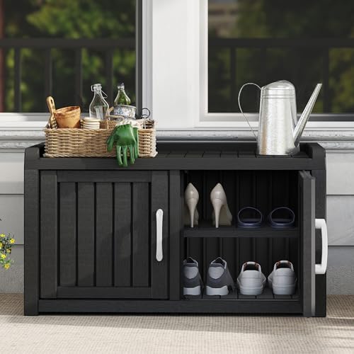 2-tier storage bench, waterproof uv-resistant outdoor shoe storage showing dimensions