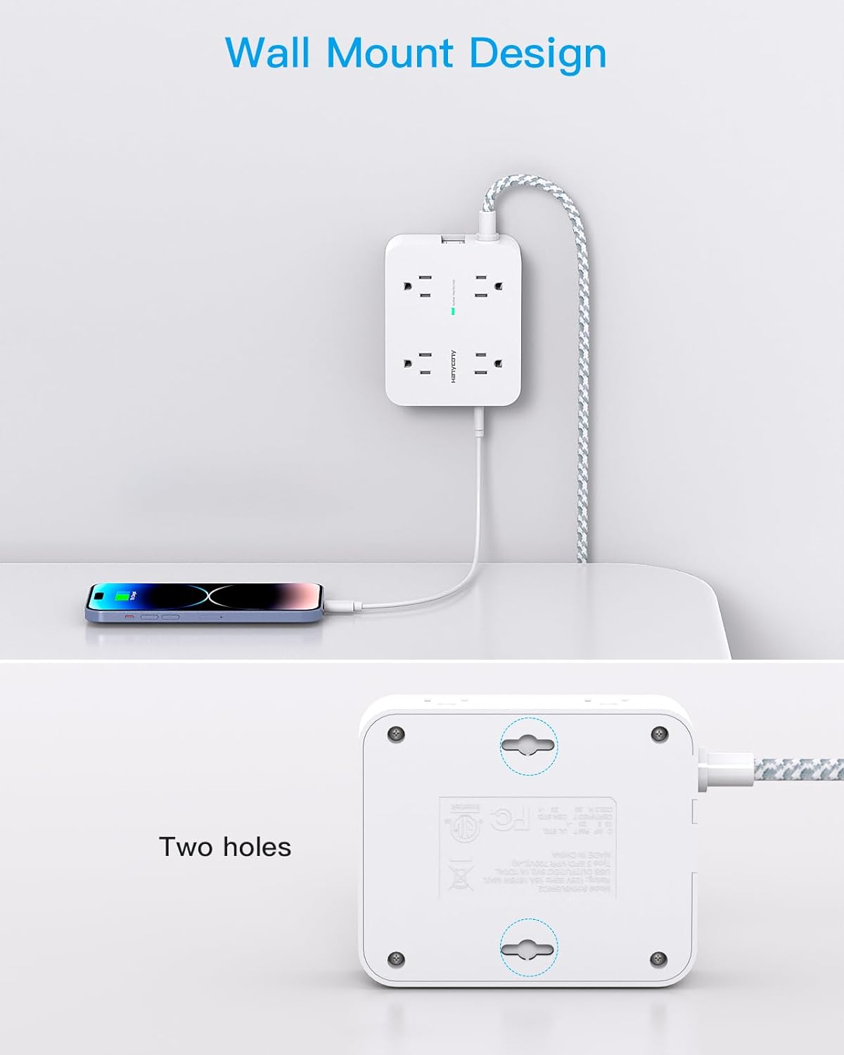 HANYCONY Surge Protector Power Strip, 1080J, 5 Ft Braided Extension Cord | 8 Outlets 4 USB Ports(2 USB C), Outlet Extender, Flat Plug, Wall Mount, Desk Charging Station, Home Office, Dorm Room ETL