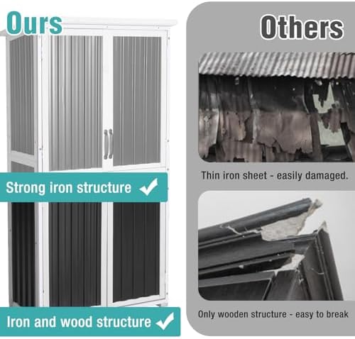5ft outdoor storage shed with 3-level adjustable shelves, close-up detail