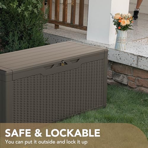 devoko 100 gallon waterproof deck box, resin large showing dimensions