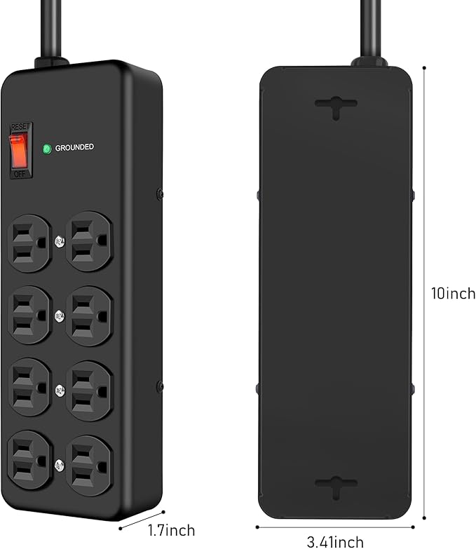 HEZI 8 Outlet Heavy Duty Power Strip, 15Amp Metal Mountable Surge Protector - Image 6
