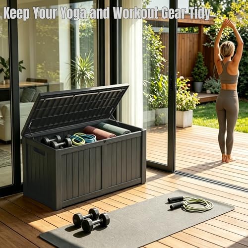 makino 178 gallon large resin outdoor storage box, side view