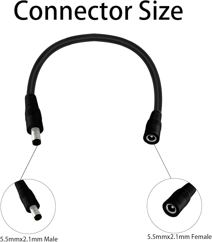 5.5mm x 2.1mm 1FT DC Power Extension Cable Male to Female 12V/24V 14AWG DC - Image 2