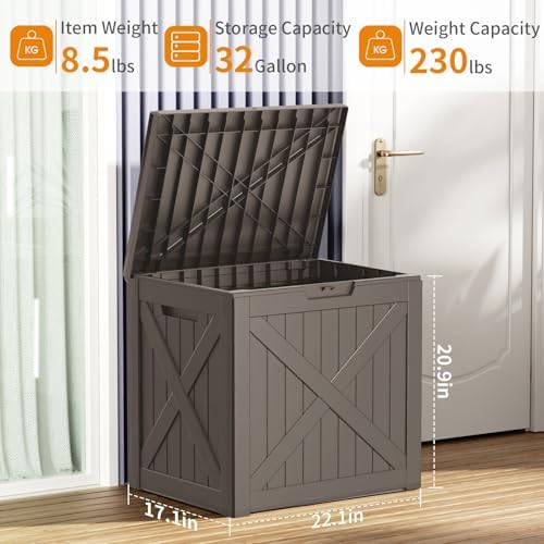 32 gal lockable outdoor storage box waterproof uv-resistant showing dimensions