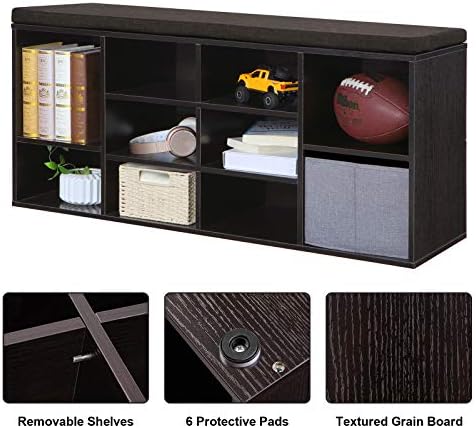 vasagle shoe bench with cushion, 10 compartments, 11.8 showing dimensions