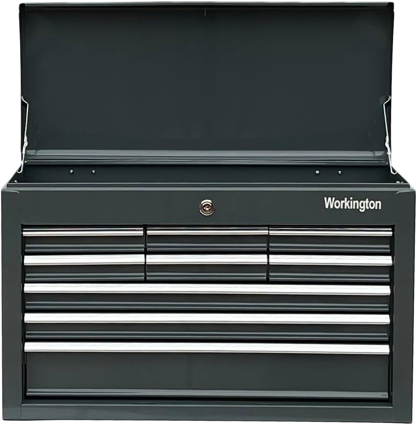 workington portable metal tool chest with 9 drawers shown in use