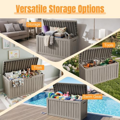 outdoor storage box,140 gallon waterproof resin deck box showing dimensions