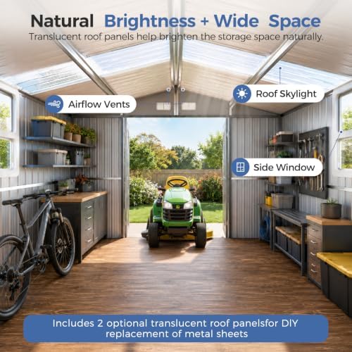 10x15.5 ft metal storage shed with window, lockable, side view