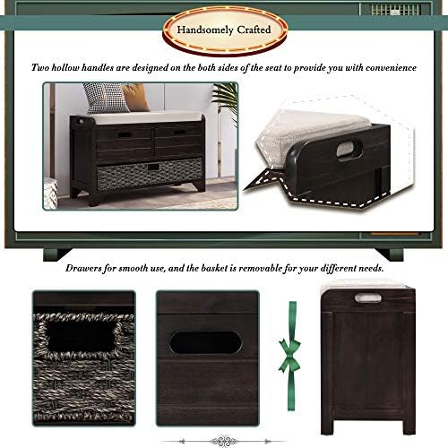 knocbel farmhouse storage bench with 2 drawers, removable, front angle view