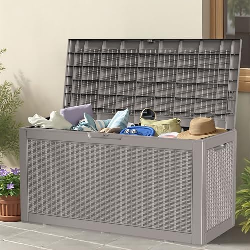 100 gallon storage box, waterproof resin deck box, front angle view