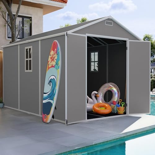 udpatio resin storage shed 7.5x12ft, outdoor plastic garden, front angle view