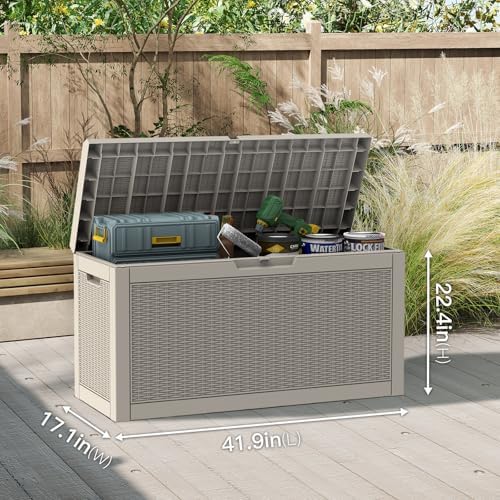 mars villa deck box, waterproof outdoor storage box shown in use