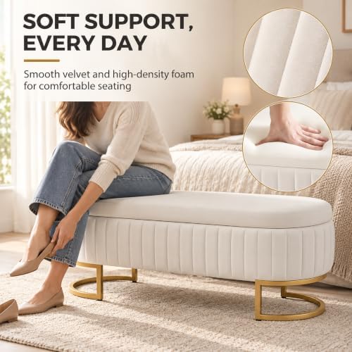 velvet storage bench for bedroom, 46" oval end, side view
