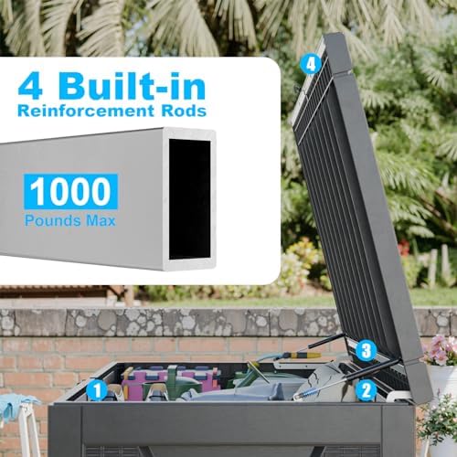 patiozen 320 gallon large resin deck box, lockable, side view