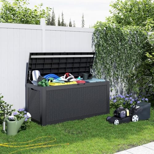 patiozen 150 gallon resin deck box, lockable patio showing dimensions