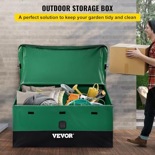 vevor outdoor storage box, 150 gallon waterproof pe shown in use
