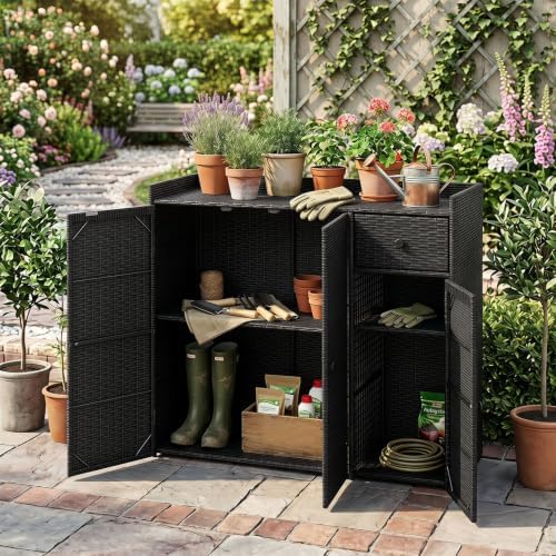 tangkula rattan outdoor storage cabinet with 2 adjustable shown in use