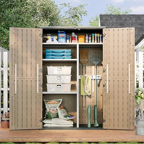 aoxun outdoor storage shed, 64 cu.ft vertical storage shown in use