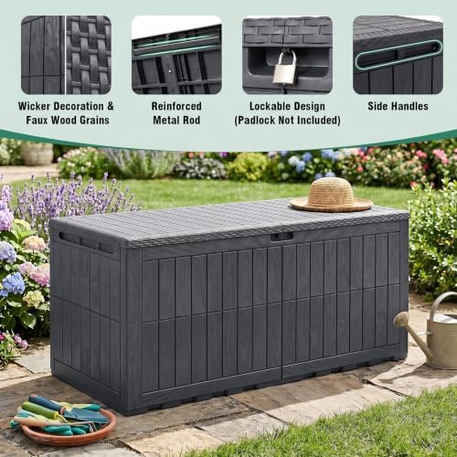 tangkula 180 gallon outdoor storage box with lockable, front angle view