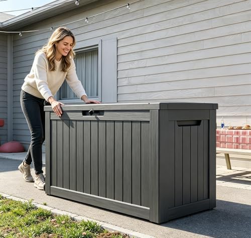 lausaint home 150 gallon resin deck box, package, front angle view