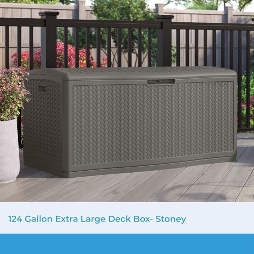 suncast xl deck box, 124 gal, resin wicker shown in use