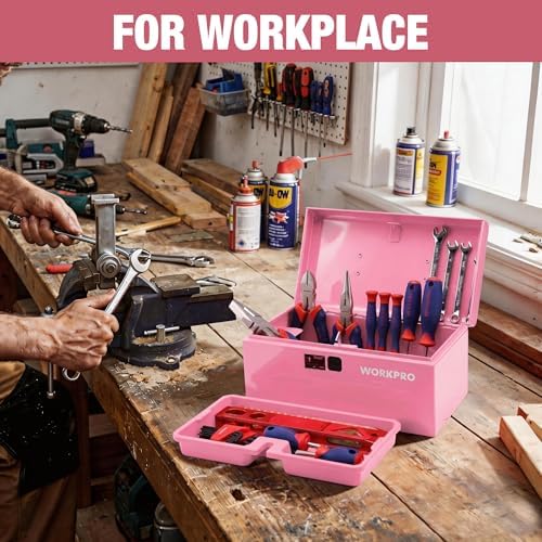 workpro 10.8" mini metal tool box with removable on a desk or shelf