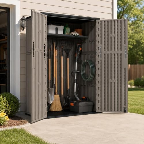 addok 57 cu.ft outdoor storage shed,resin storage cabinet, front angle view