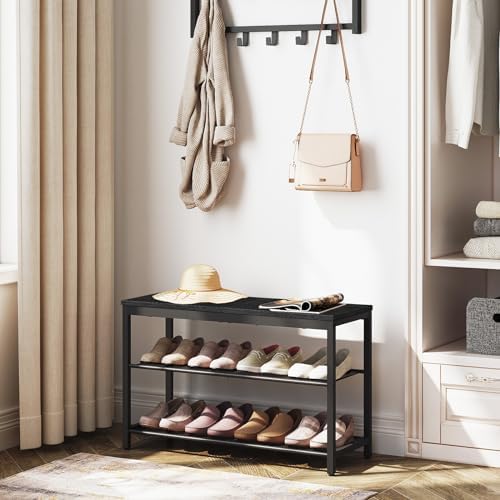 hoobro shoe bench, 3-tier shoe rack,industrial shoe organizer shown in use