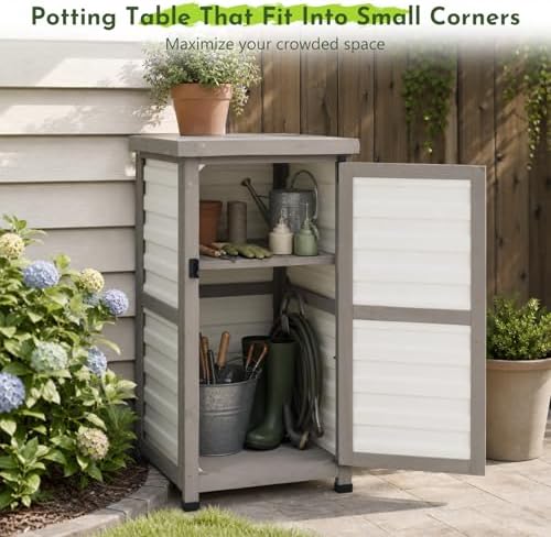 small outdoor storage cabinet with waterproof metal top, front angle view