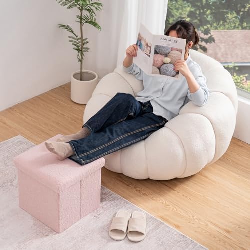 folding storage ottoman bench, 15 inch boucle small, front angle view