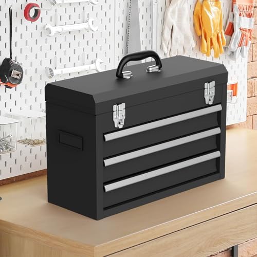3 drawer metal tool box, heavy duty steel shown in use