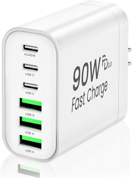 90W GaN USB C Charger Block, 6-Port USB C Wall Charger Fast Charging 45W PD by RUMIXI