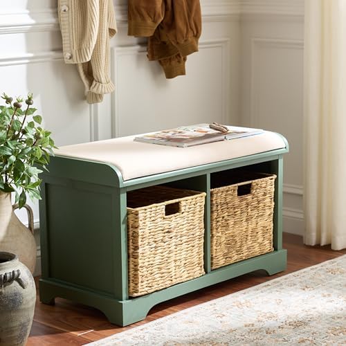 safavieh freddy wood storage bench, 33" farmhouse dusty shown in use