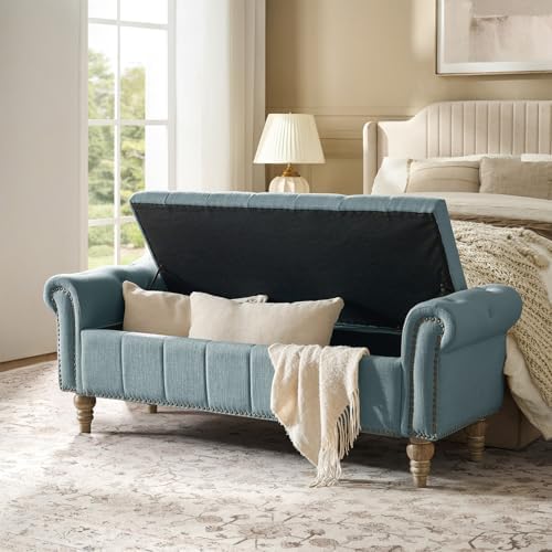 hulala home farmhouse storage bench, blue, front angle view