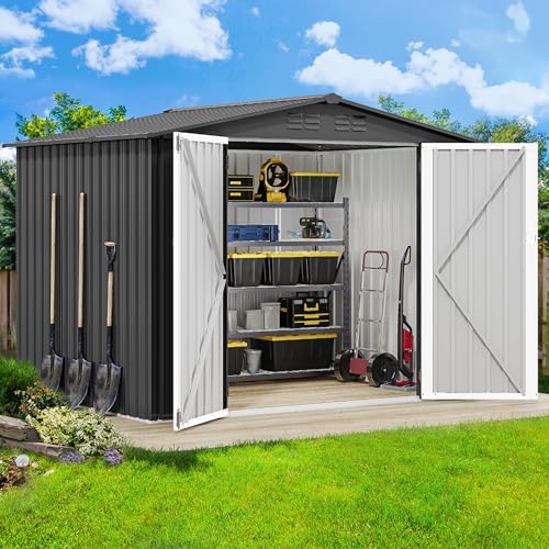 dwvo 7x5ft metal outdoor storage shed, waterproof tool shown in use
