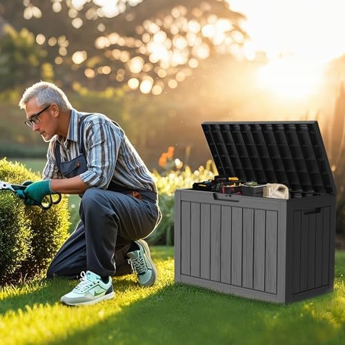outdoor deck storage box, 50 gallon deck box,lockable, front angle view