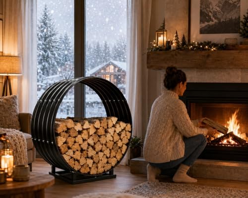 24" firewood rack with roof cover, indoor &, front angle view