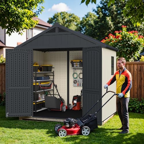 greesum 8x6ft plastic outdoor storage shed with floor on a desk or shelf
