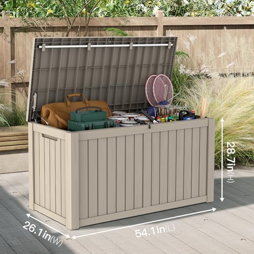 mars villa 180 gallon deck box, outdoor storage shown in use