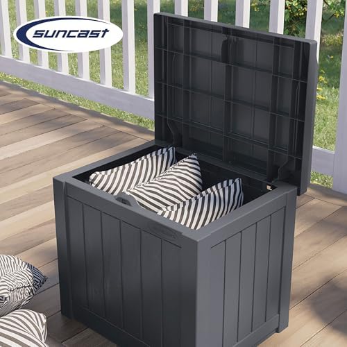 suncast 2 pack small deck box storage w/bench showing dimensions