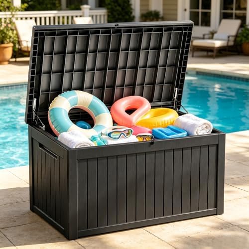 269 gallon large outdoor storage box, waterproof deck shown in use
