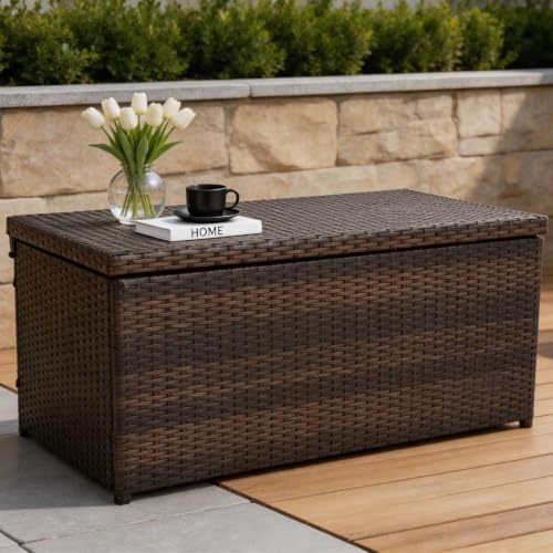 sundale 70 gallon oudoor deck box, large rattan on a desk or shelf