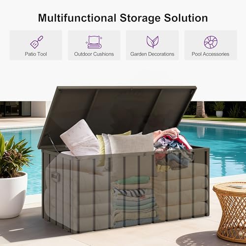purple leaf outdoor deck box 150 gallon, waterproof, front angle view
