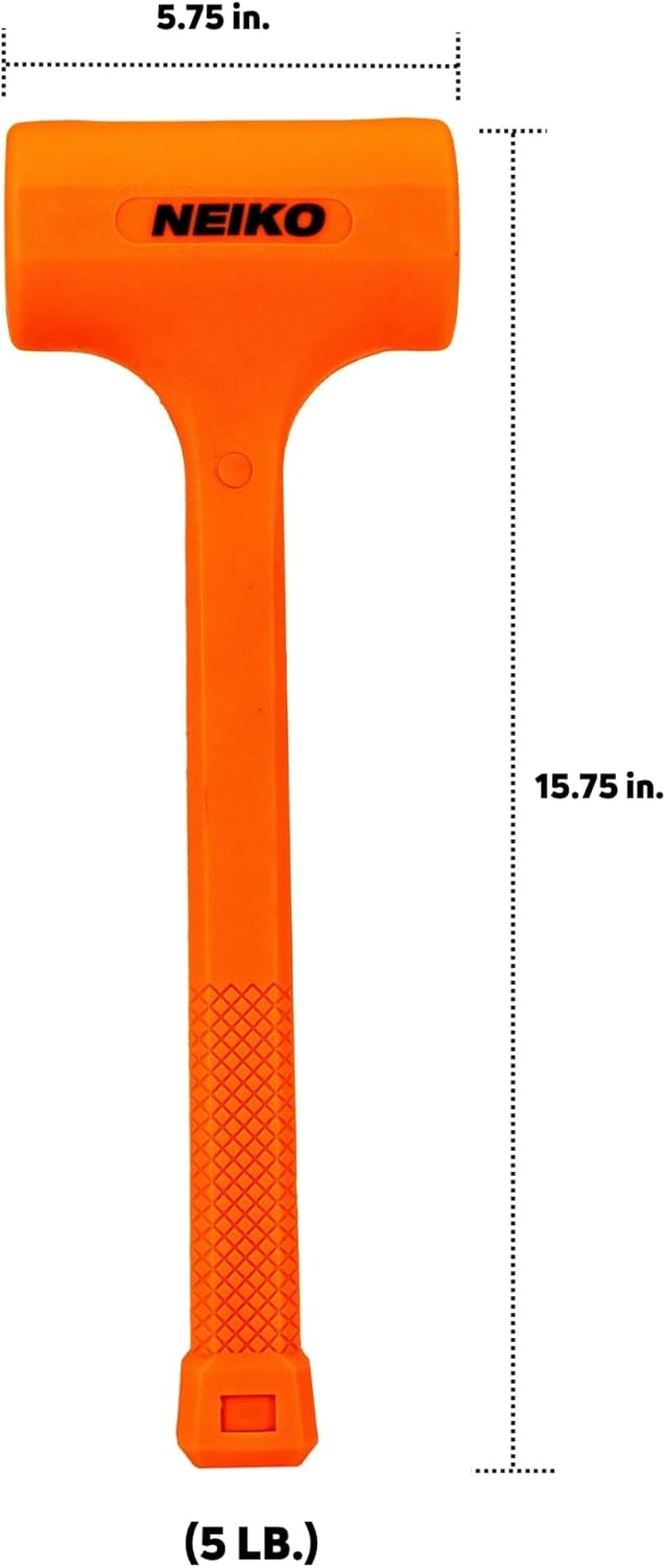 NEIKO 02851A Dead Blow Hammer, 5 Pounds, Neon Orange Deadblow Hammers, Mallet, Spark and Rebound Resistant, Unibody Molded, Soft Blow Rubber, Checkered Grip, Steel Shot and Core