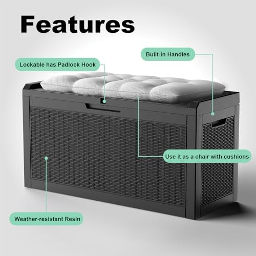 waterproof outdoor storage box, 70 gallon lockable deck showing dimensions