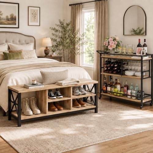 fatorri shoe bench entryway with storage, industrial wood, close-up detail